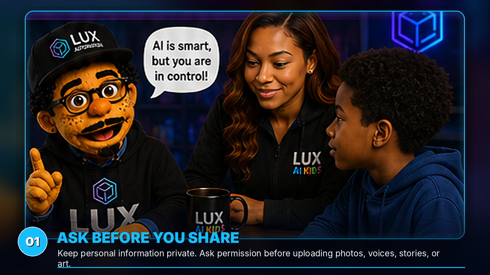 Ace and LANA help a young learner pause before sharing information with an AI tool.
