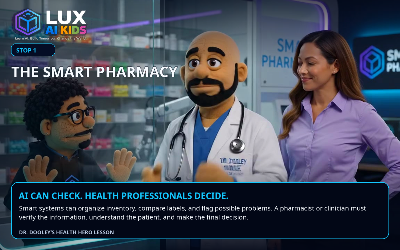 Ace, LANA, and Dr. Dooley explore a smart pharmacy