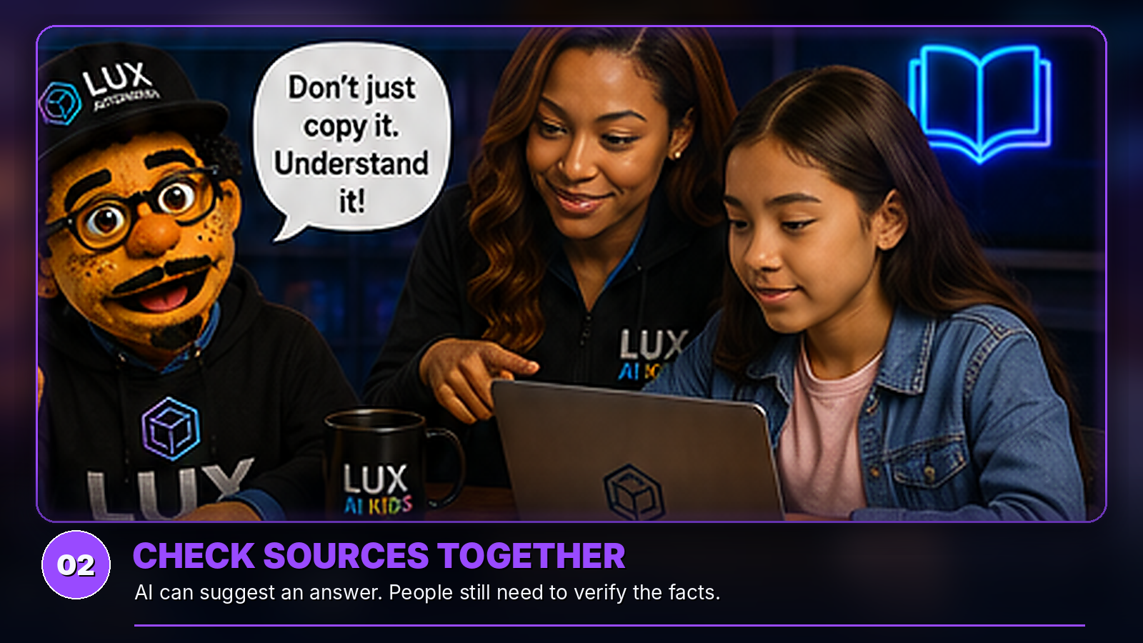 Ace, LANA, and a learner compare an AI answer with trustworthy sources.