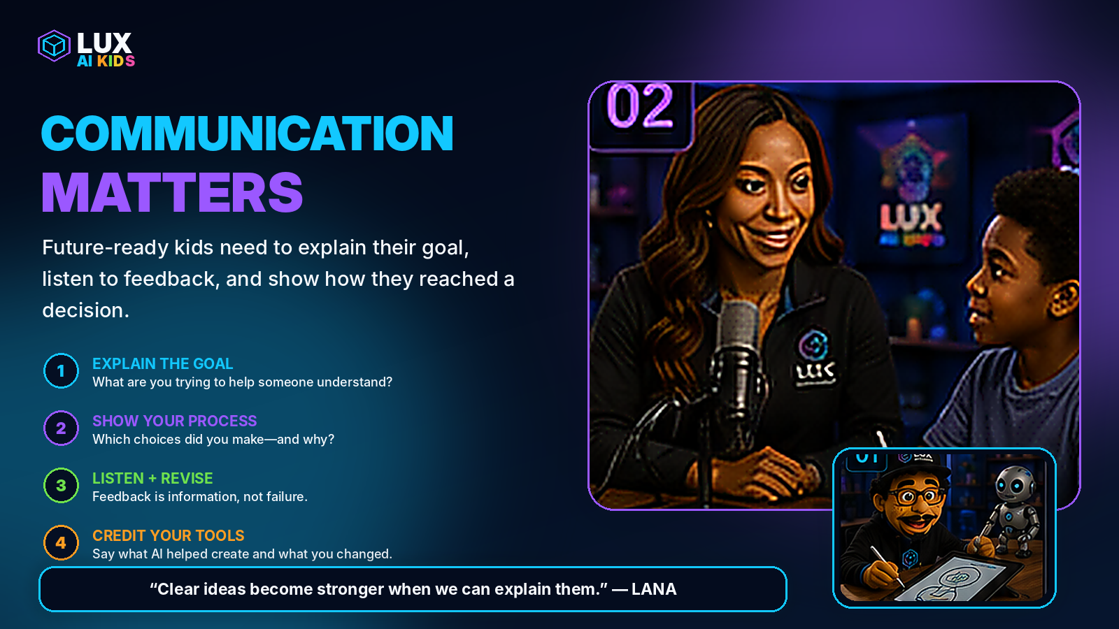 LANA and a young learner demonstrate how future creators explain goals, listen to feedback, and revise their ideas.