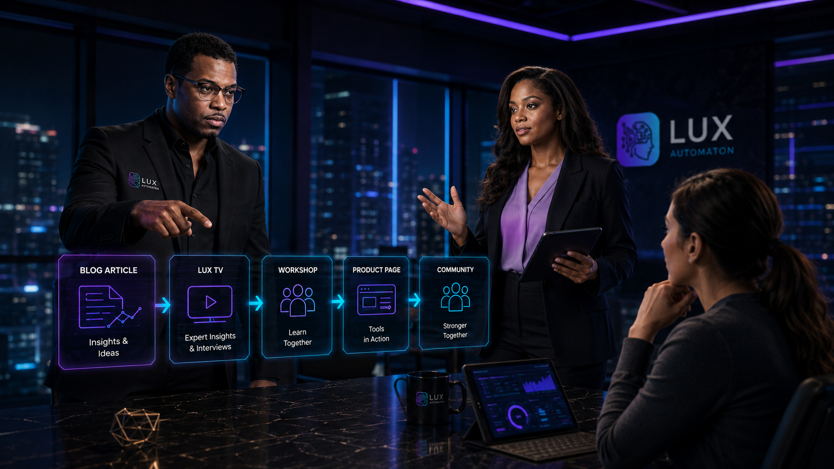 Asa and LANA show an adult community member a holographic journey connecting a blog article, Lux TV, a workshop, a product page, and the Lux Automaton community.