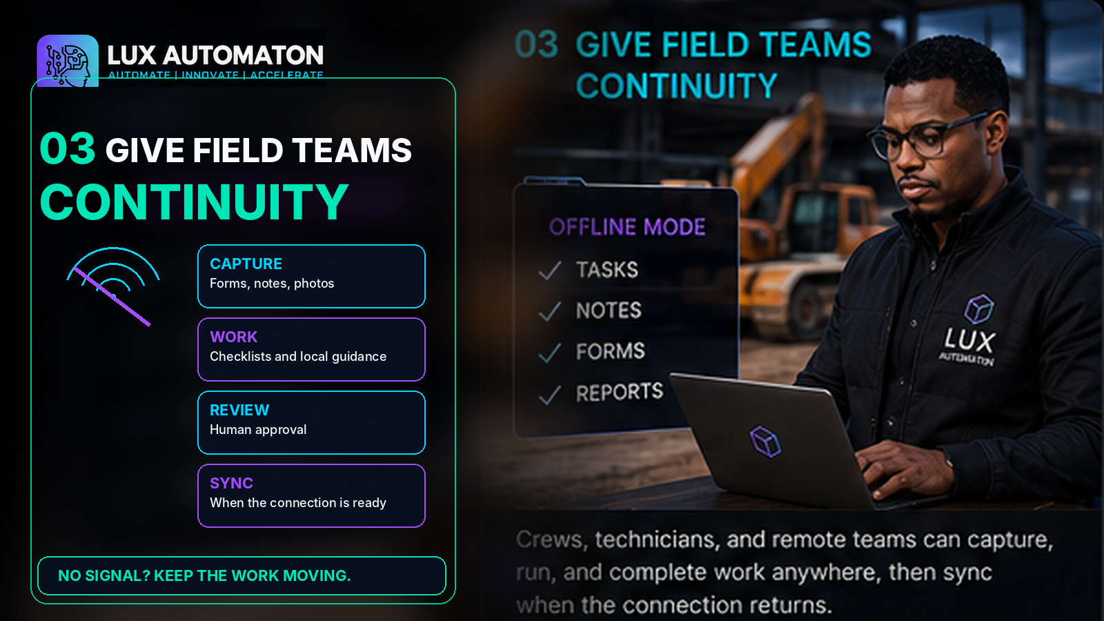 A Lux Automaton field operator continues essential work with local tasks, forms, notes, and reports while connectivity is limited.