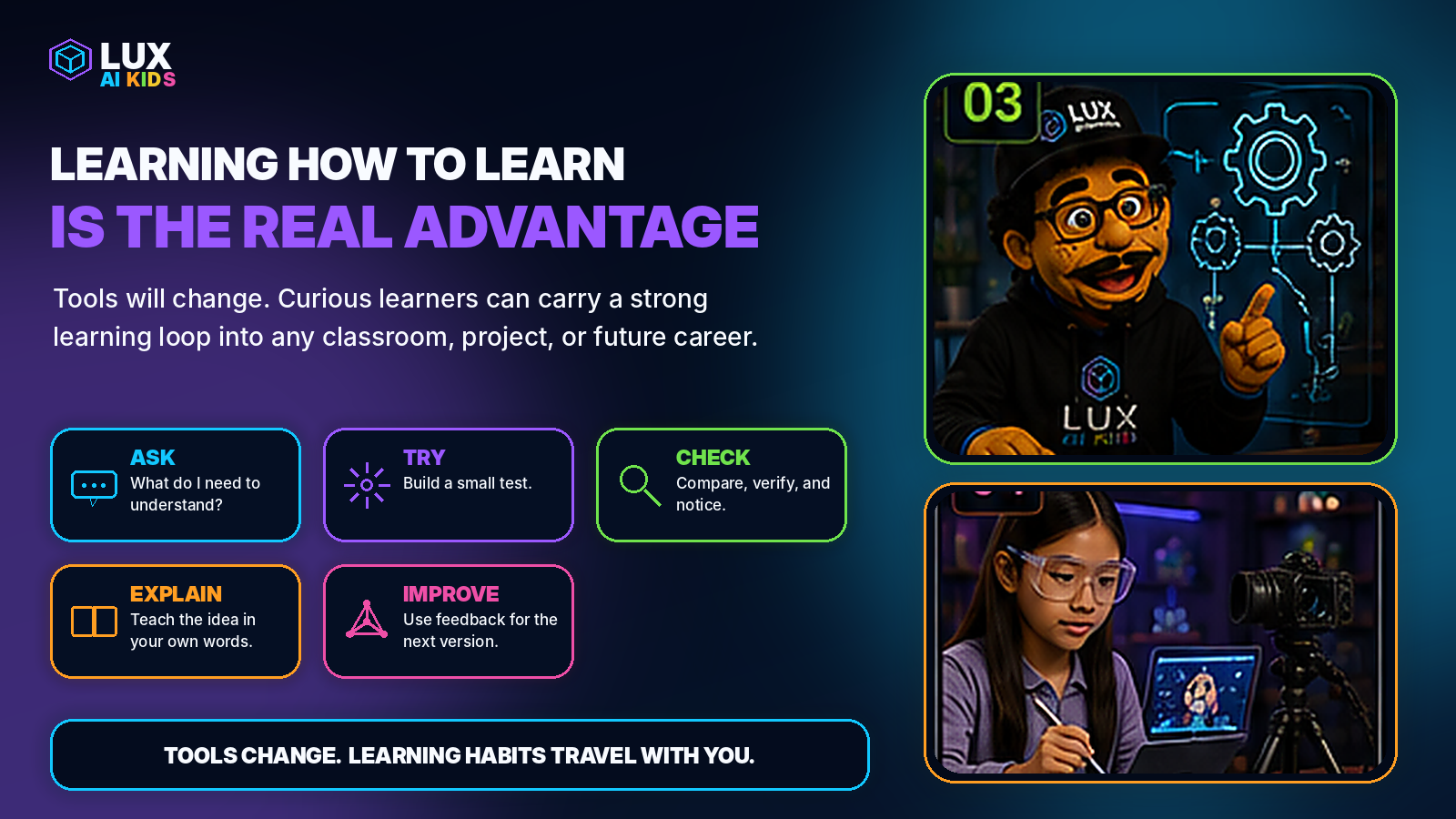 Ace and a student use a five-step learning loop: ask, try, check, explain, and improve.