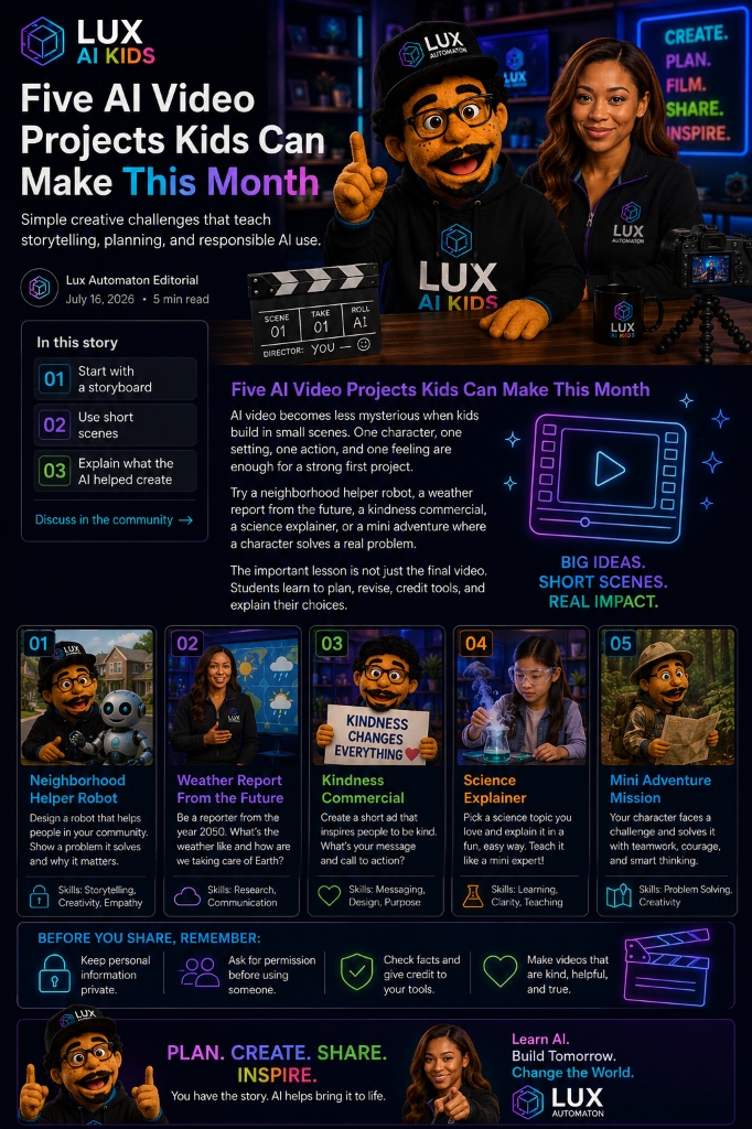 LUX AI Kids Five AI Video Projects Overview Visual 1.