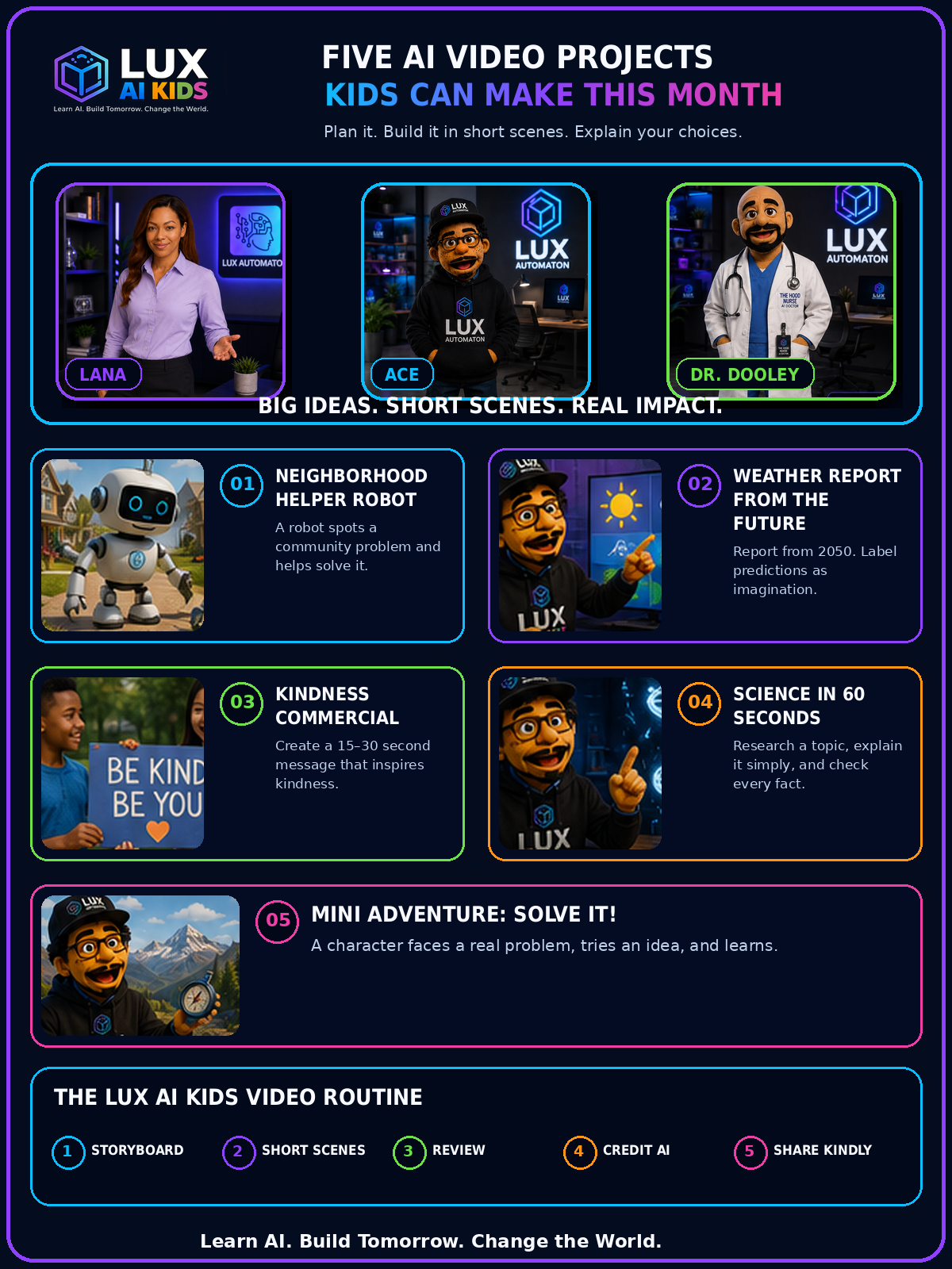 Kid-friendly overview of five LUX AI Kids video projects and the storyboard, short-scene, review, credit, and sharing routine.