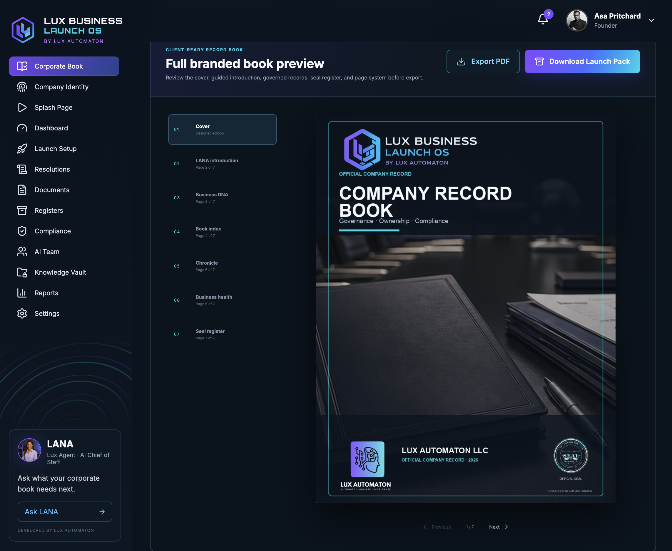 Client-ready exports in Lux Business Launch OS